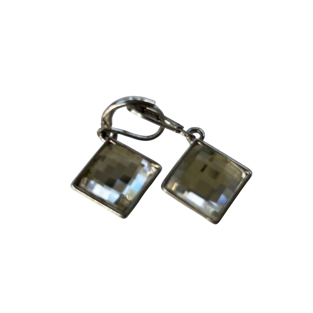 Vintage Crystal Leverback Earrings OS Champagne‎ Silver Square Geometric Retro